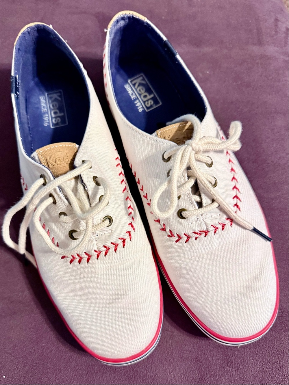 Keds Off-White Baseball Canvas Sneakers with Red Stitching